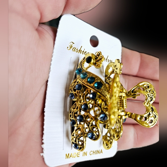 NWT Blue Gems & Gold Enamel Peacock Medium Hair Clip! - Picture 14 of 14
